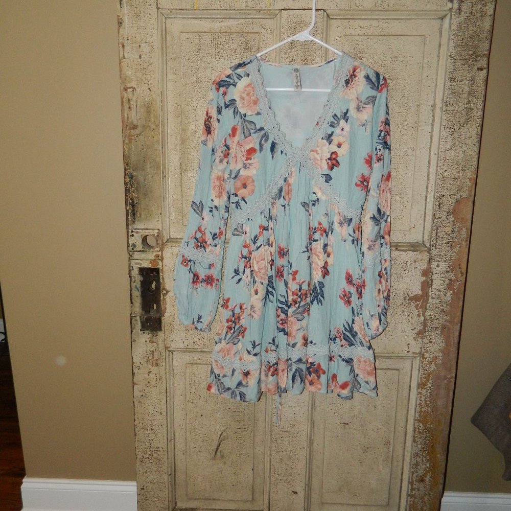 American Rag Long Sleeve V-Neck Mini Dress Tie Waist Floral Size L (B21)